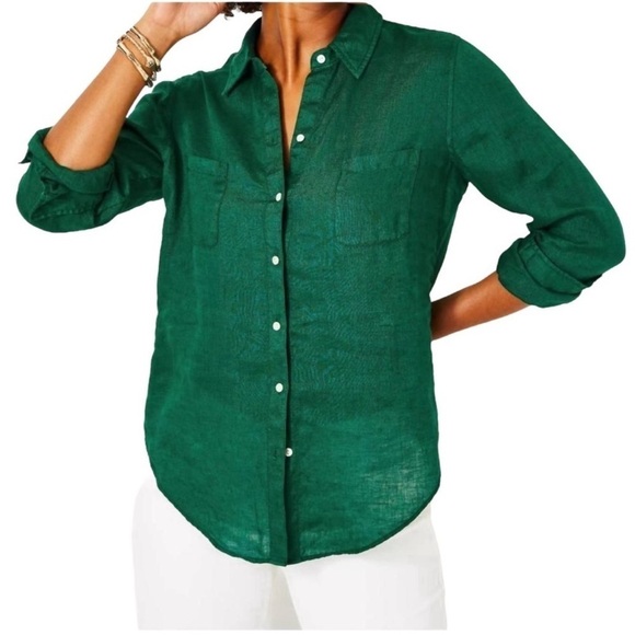 NEW LILLY PULITZER sea view linen button down top in evergreen - Picture 1 of 14